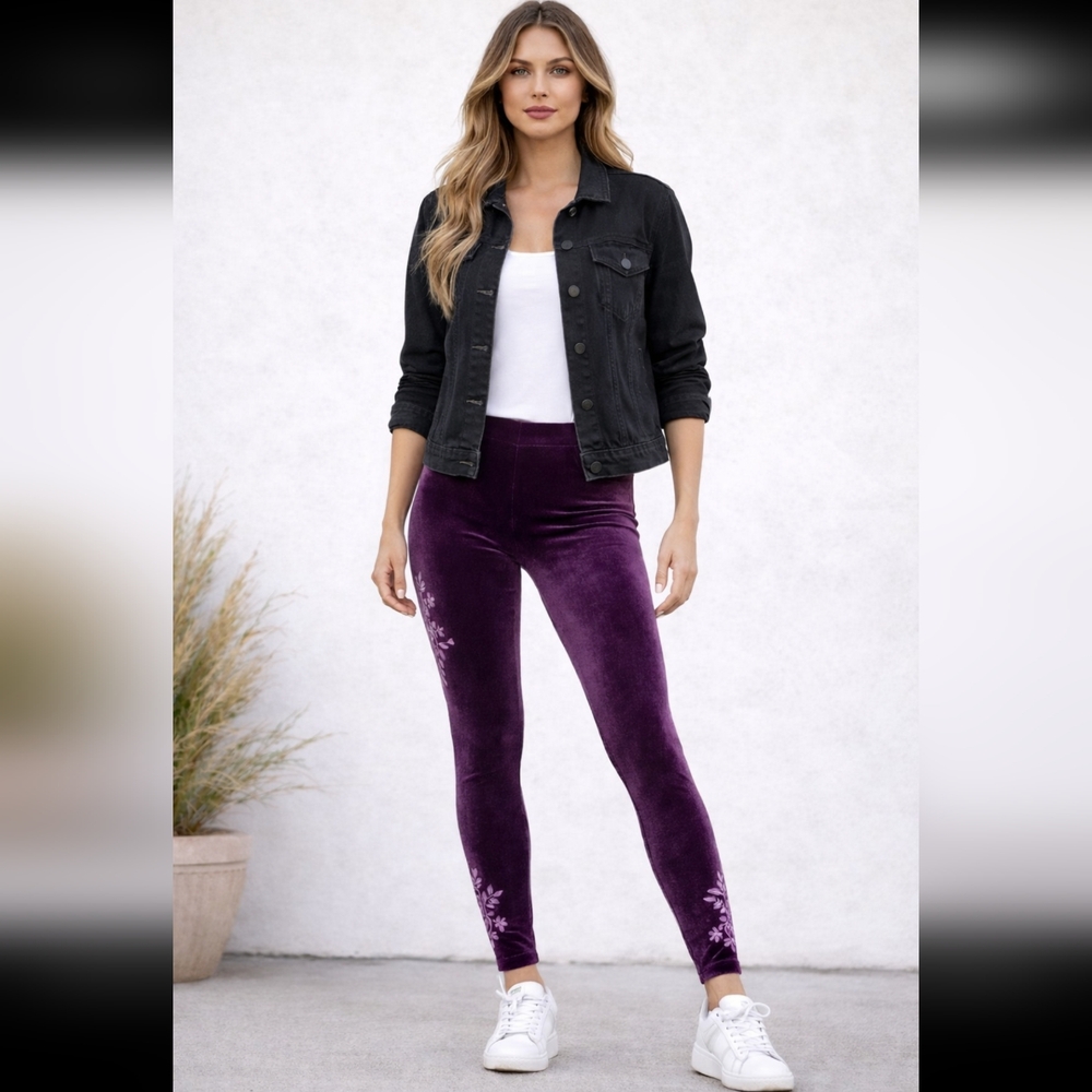 Johnny Was Los Angeles Purple Velvet Embroidered Leggings Pants Floral Size L